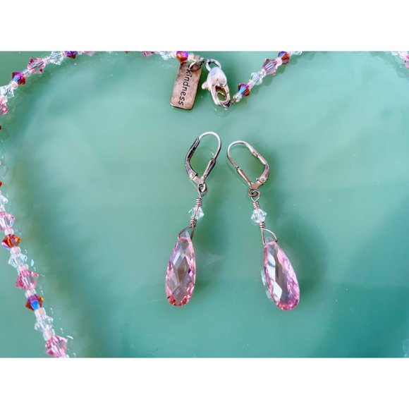 Sterling Silver Pink AB Glass Bead Necklace earrings Set - Picture 7 of 11